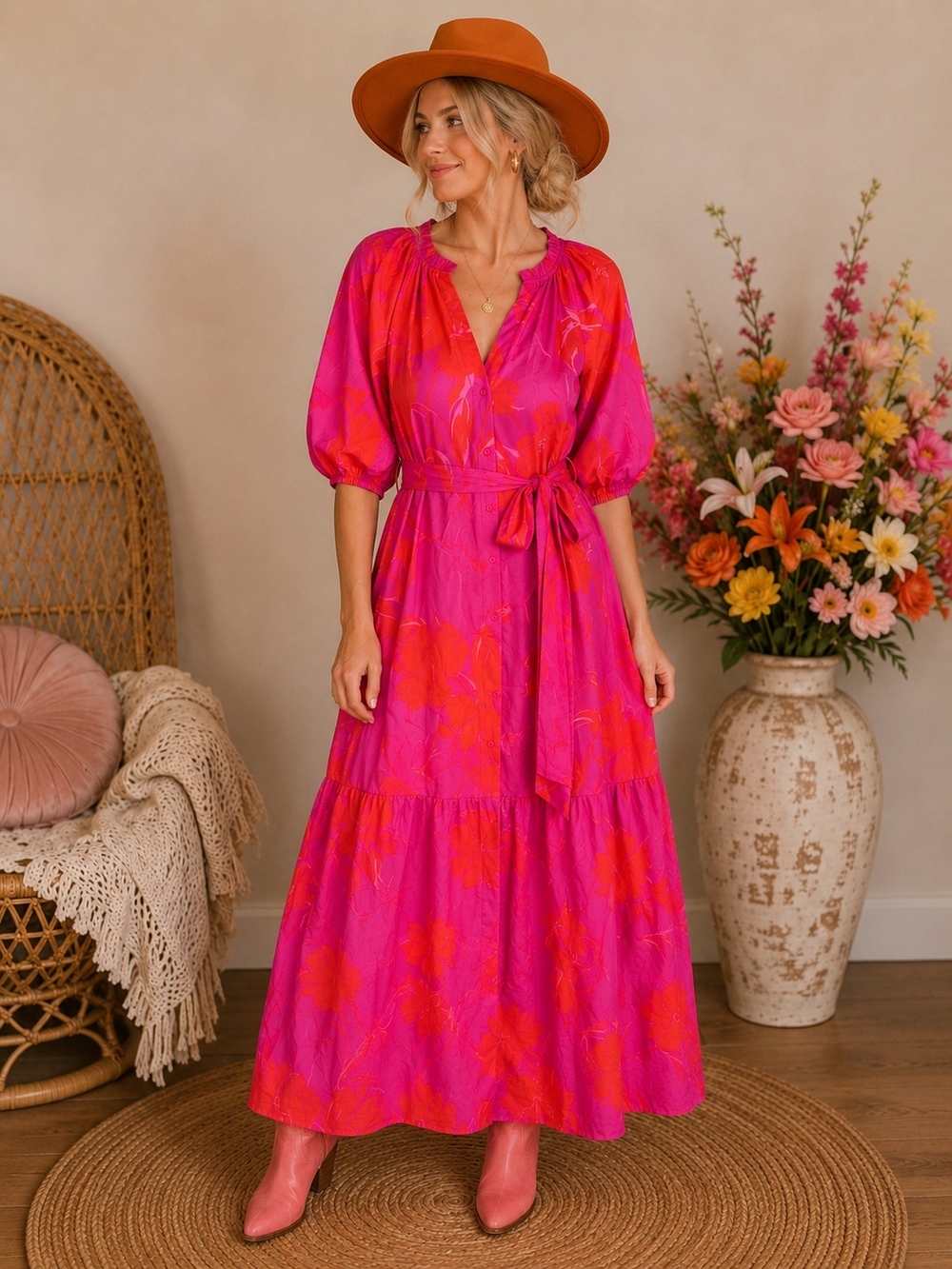 Sugarlips Hot Pink & Orange Floral Tie-Waist Maxi Dress